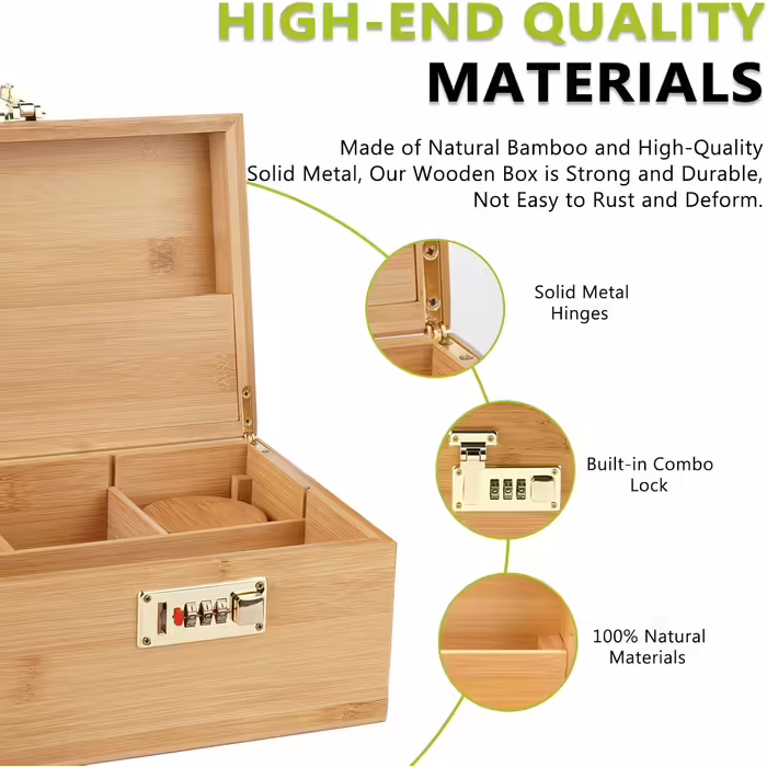OZCHIN Large Bamboo Box with Number Lock - Decorative Storage Box for Home, Great Gift Choice, Tray, Reclosable