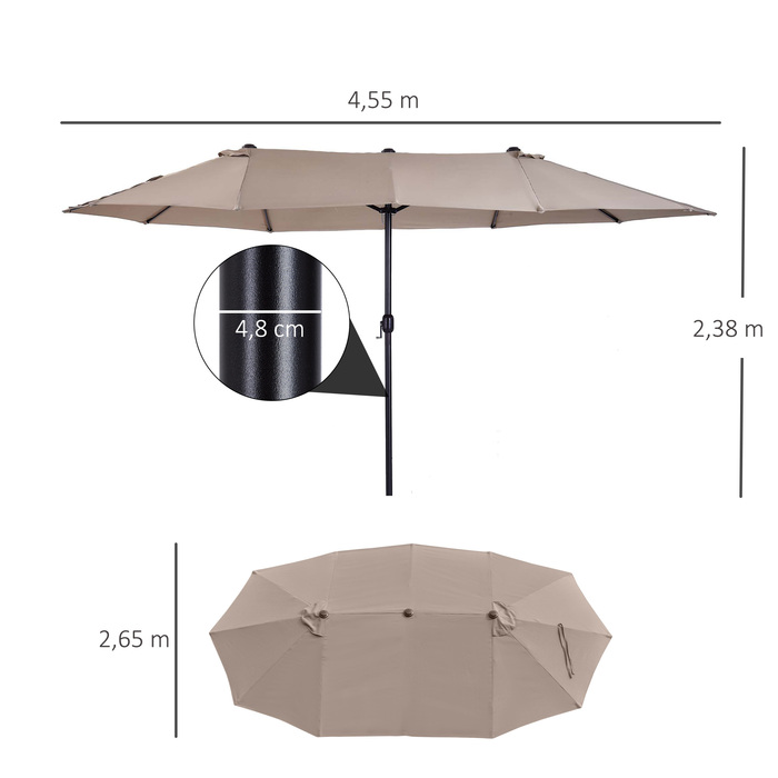 Outsunny Market Umbrella, Double Canopy Umbrella with Hand Crank, Oval 460 x 270 x 240 cm in Light Coffee for Garden & Terrace
