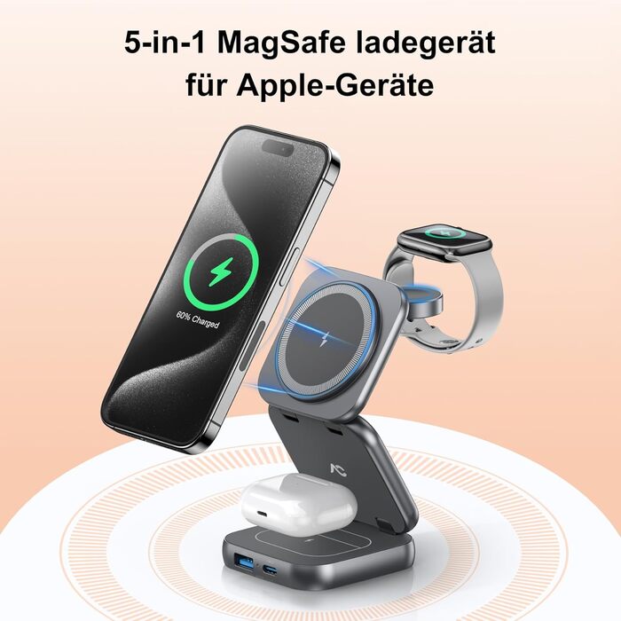 Бездротовий зарядний пристрій 5-в-1 для iPhone з MagSafe, складаний, сірий (35W адаптер) - для iPhone 17/16/15/14/13/12, AirPods Pro, Apple Watch