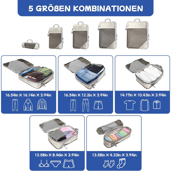 Набір органайзерів для валізи компресійних 5 шт. бежевого кольору для подорожей - Куби для пакування одягу, органайзер для рюкзака та валізи