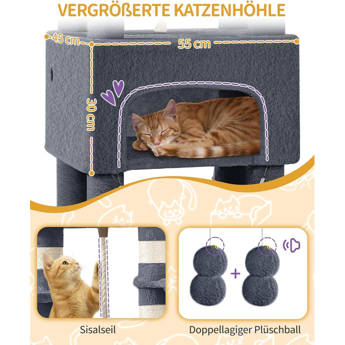 Кігтеточка для котів Hzuaneri, 176 см, XL, 3 платформи, 2 печери, 7 кігтеточних стовпів, гамак, плюшеві кульки, для багатокотових домівок, темно-сірий MS17618SG