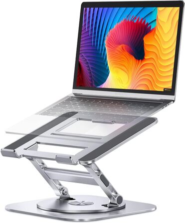 AOEVI Adjustable Laptop Stand with 360° Swivel Base - Ergonomic Foldable Laptop Riser for Desk - Compatible with MacBook Pro/Air & Notebooks up to 16 inches (Pro Silver)