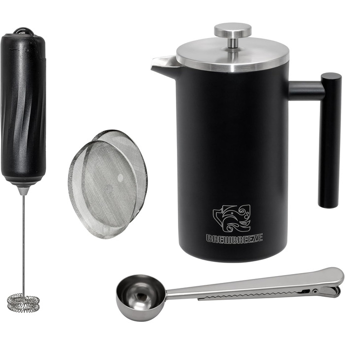 Набір для приготування кави френч-прес, термоізольований, з пітчером для спінювання молока, нержавіюча сталь (чорний, 1 літр)