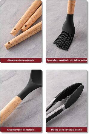 Набір кухонних аксесуарів, 12 шт. - кухонне приладдя з силікону з дерев'яною ручкою, BPA Free, з отвором для підвішування (чорний)