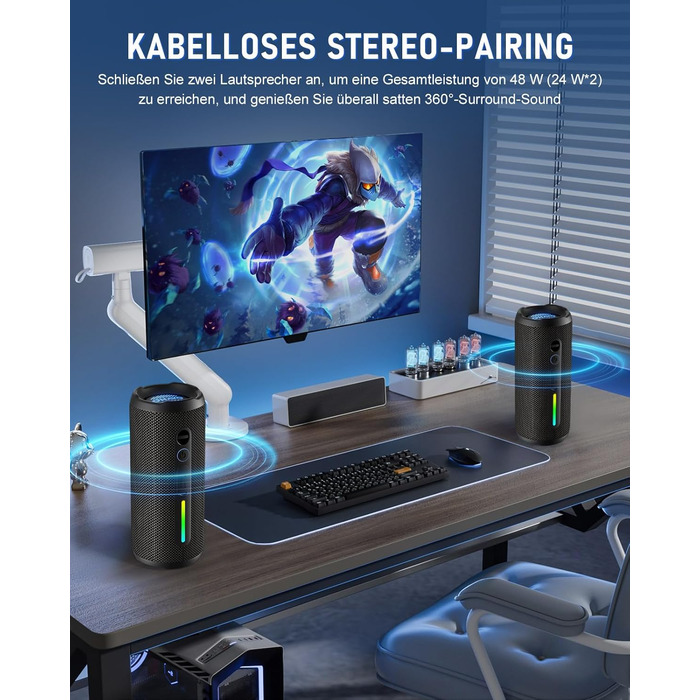 Портативна Bluetooth колонка OHAYO 24W з RGB підсвіткою, Bass Boost, 30 годин роботи, IPX7, підтримкою дзвінків та водонепроникністю для відпочинку на природі, вечірок, пляжу, саду (чорна)