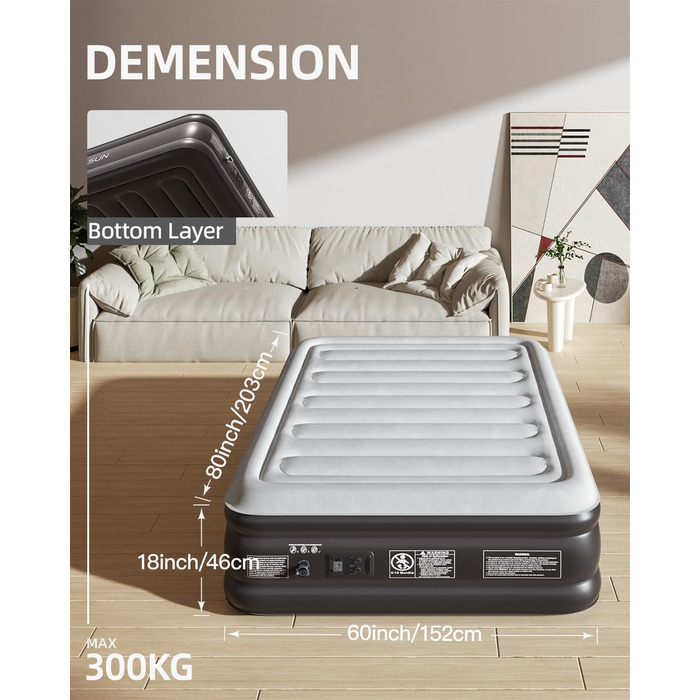 Надувна двоспальна матрац ChillSun з вбудованим електричним насосом, самонадування за 3 хвилини, велюрова поверхня, для дому, розмір Double/King (203x152x46 см)