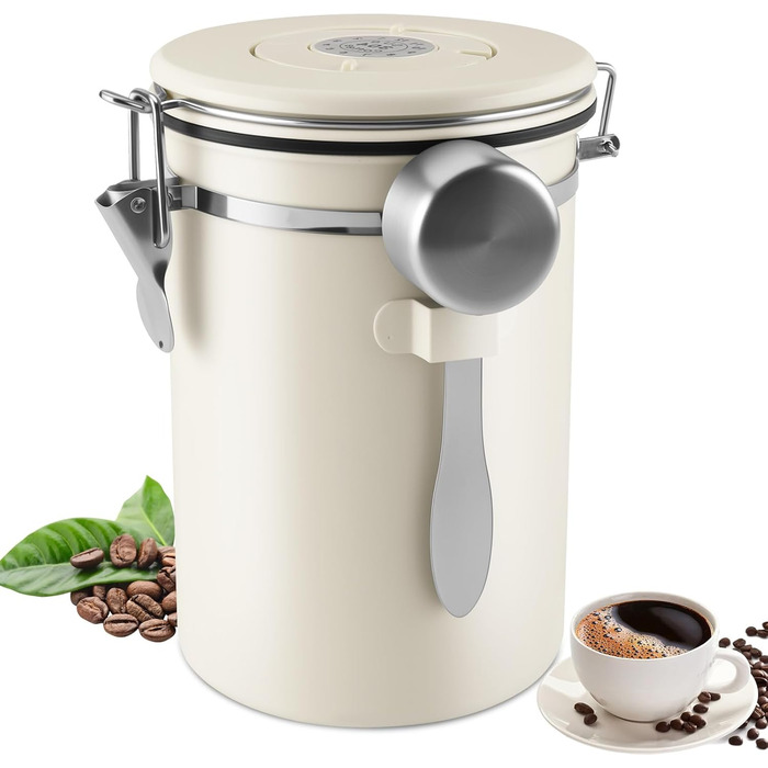 Герметичний контейнер для кави 1.8L з нержавіючої сталі 304 з датою розкриття та мірною ложкою для кави, зерен, чаю, борошна, зерна та цукру (білий)