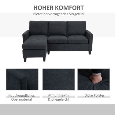 HOMCOM кутовий диван з тканини, кутова кушетка, диванний комплект, кутовий диван з відкидною лежаком, у формі літери L, темно-сірий, 197x139x91 см | Aosom