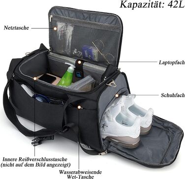 Sports bag with shoe compartment and wet compartment, 42L carry-on bag sports rucksack women men, gym bag travel bag large with shoulder strap and combination lock