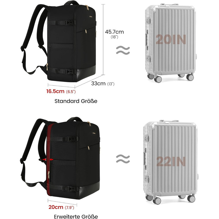LOVEVOOK Рюкзак ручної об'єм 40L, 45x33x20cm: Рюкзак для подорожей та бізнесу, розширюваний, ручна поклажа, чорний