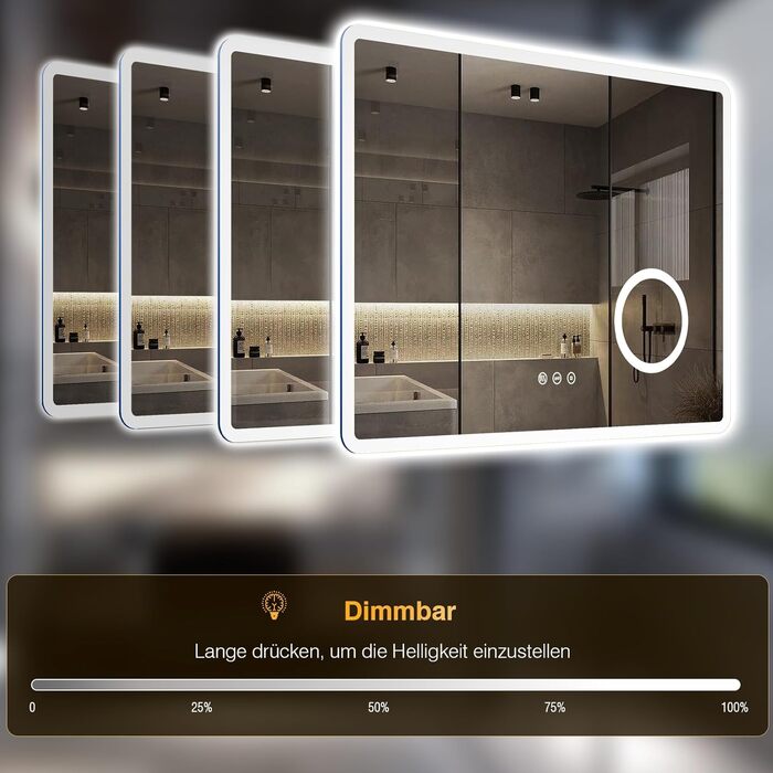 Дзеркало для ванної кімнати з підсвічуванням 80x60 см, 3 кольори, регулювання яскравості, протитуманне покриття, 3x збільшення, розетка для гоління, IP44, для горизонтального/вертикального монтажу