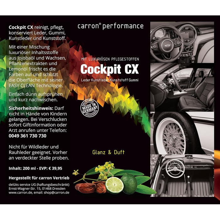 Cockpit CX Spray for cleaning and care of leather, faux leather, plastics, and rubber with jojoba oil, lemon oil, and carnauba wax (Original)
