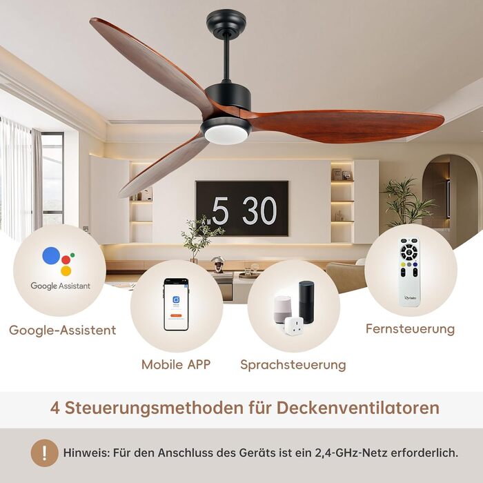 Стеляний вентилятор Ovlaim з підсвічуванням та пультом керування, тихий DC мотор, 3 лопаті, Smart, для вітальні/спальні, натуральний & срібний (колір: коричневий, діаметр: 165 см)
