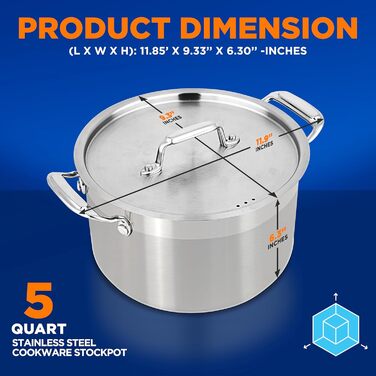 NutriChef Каструля з нержавіючої сталі 18/8, 5 л, для супу та рагу, важка, з кришкою, для індукції, кераміки та галогенових плит, можна мити в посудомийці