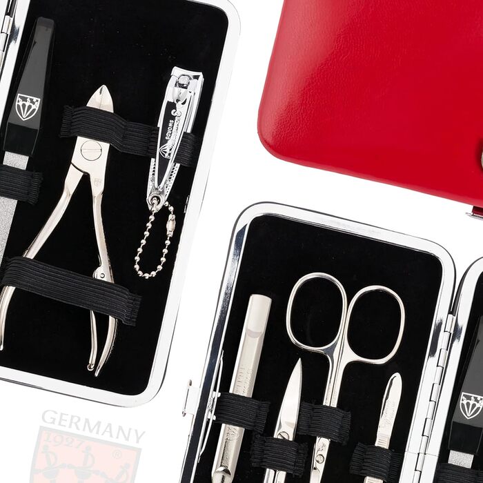 Набір для манікюру DREI SCHWERTER 'Sanremo' (Німеччина) | Преміум-набір для манікюру в чорному еко-шкіряному етиуі | Вміст: ножиці для нігтів, ножиці для кутикули, щипці для нігтів, пінцет, напільниковий файл з сапфіром та інше!