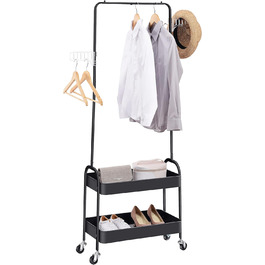 Metal Clothes Rack with 2 Shelves and Clothes Rod on Wheels, Wardrobe Stand for Bedroom, Living Room, Hallway at Home and the Office (White/Black)
