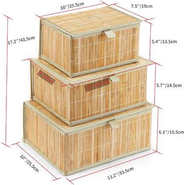 Honeycomb Storage Basket with Lid, Woven - Bamboo Decor Storage Boxes, Set of 3 Rattan Basket with Lid, Woven Fabric Insert for Bathroom, Kitchen, Shelf Organization (Large/Medium/Small)
