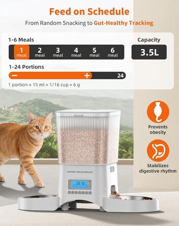 Автоматичний годівниця для котів та собак HoneyGuardian з таймером, 2 миски, 3.5L, стабільна, з антиковзкими ніжками