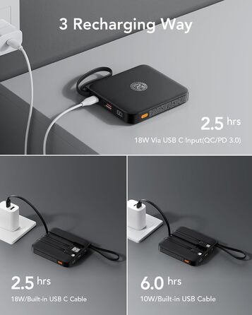 Power Bank VRURC 10000mAh з кабелем: компактний павербанк USB-C, швидка зарядка 22.5W, LED-дисплей, сумісний з iPhone, Huawei (зелений, чорний)