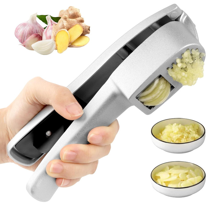 Прес для часнику з нержавіючої сталі 2-в-1, подрібнювач та шинковка часнику та імбиру, прес для часнику, ручний, легкий у чищенні, сумісний з посудомийною машиною, міцний, срібний