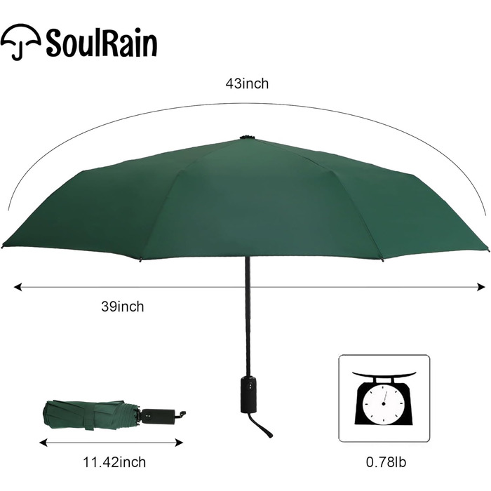 Зонт SoulRain: вітростійкий, компактний, для подорожей та авто (зелений)