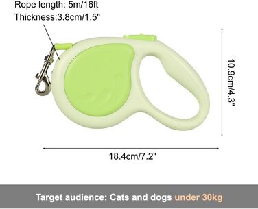 Висувна поводок для собак, 4.8м, міцний рулон з поворотним гачком на 360° та LED-підсвіткою, для собак та котів середніх та малих порід (до 30 кг), колір зелений