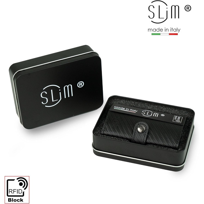 Стильний гаманець Slim Geldbörse для чоловіків та жінок з RFID захистом, відділенням для монет, карбон, чорний, Made in Italy