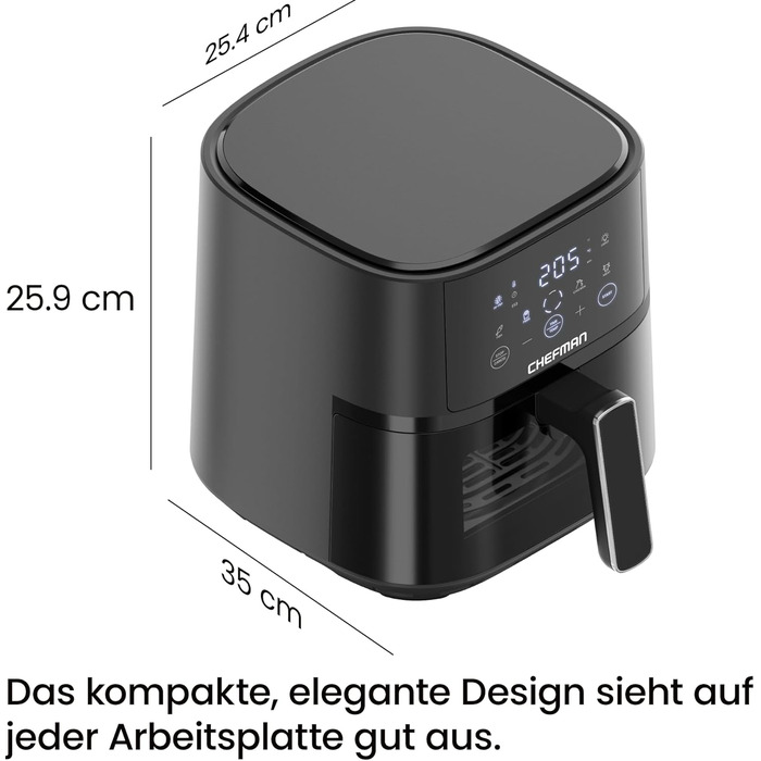 Chefman 3.75L Air Fryer - Compact Hot Air Fryer with Hi-Fry Technology, Window, Touch Controls, Non-Stick Coating, Dishwasher Safe - Black