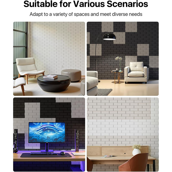 Самоклеючі акустичні панелі для шумоізоляції стін, звукопоглинаючі плити цегляного типу, 30x30x0.9 см, чорні, 12 шт (4 кг)