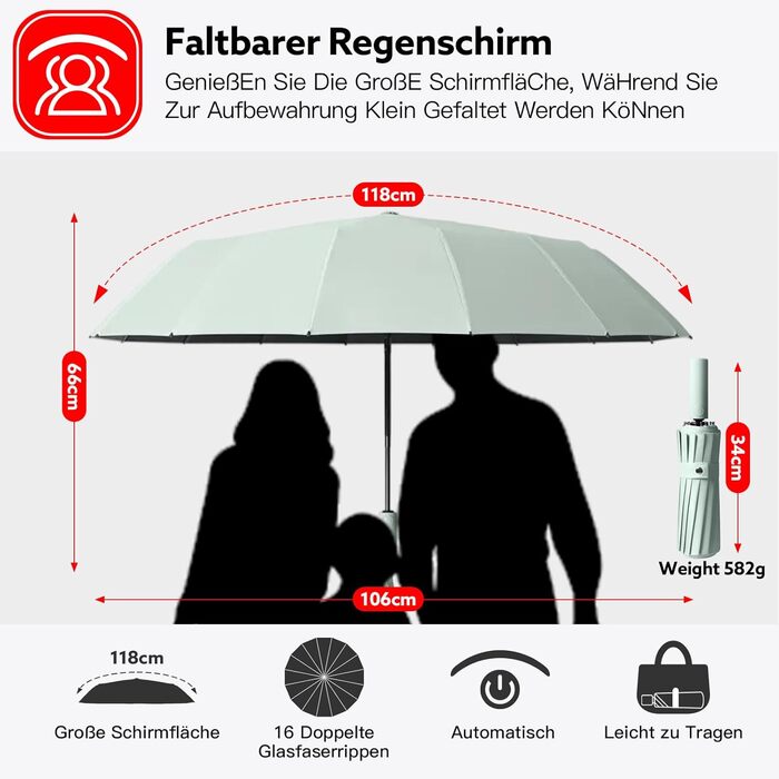 Стійкий до вітру парасолька: компактний складаний парасолька-тростина з 16 ребрами, покриття Teflon 210T, захист від УФ-променів (Aqua)