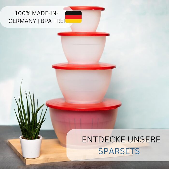 Westmark Bowl Set, 4 bowls including lids and colander, 9-piece set, capacity: 0.6/1.3/2.5/4.4 liters, plastic, BPA-free, Olympia, color: Transparent/Red, 2420226R