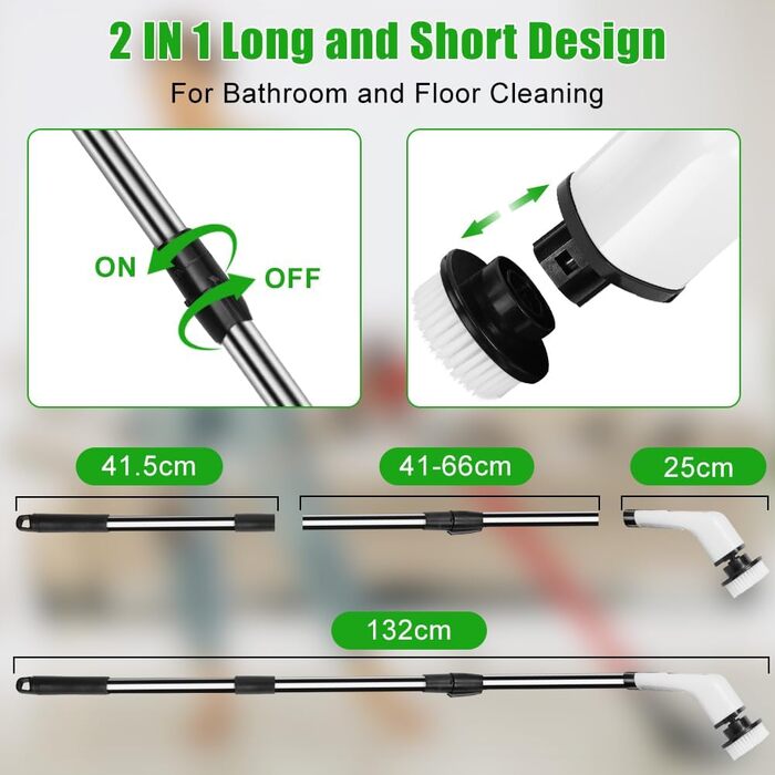 Електрична щітка для чищення OSDUE з 7 насадками, бездротова, водонепроникна IPX7, для ванни та плитки, з регульованою ручкою 137 см, біла