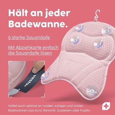 Vesta+ L Bath Pillow with Suction Cups - Test Winner - Neck & Back Support for Bathtub - Non-Slip Bath Cushion for Bathtub & Shower (Pink)