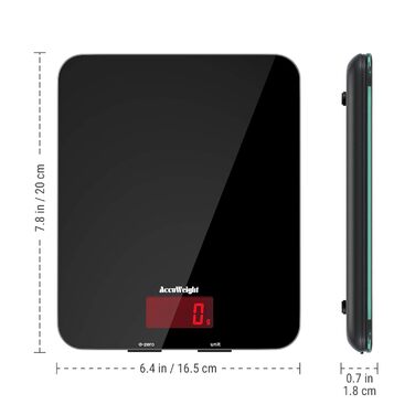 Кухонні ваги ACCUWEIGHT 5 кг з LCD-дисплеєм з міцного скла, функція тарування, ваги для листів, висока точність до 1 г, для випічки, приготування їжі, ювелірних виробів, батарейки в комплекті, автоматичне вимкнення, чорний