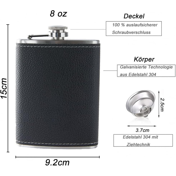 Фляга з нержавіючої сталі 8oz (240 мл) з подарунковим набором: два стаканчика та воронка. Чорна шкіряна фляга з візерунком лічі. Підходить для алкоголю.