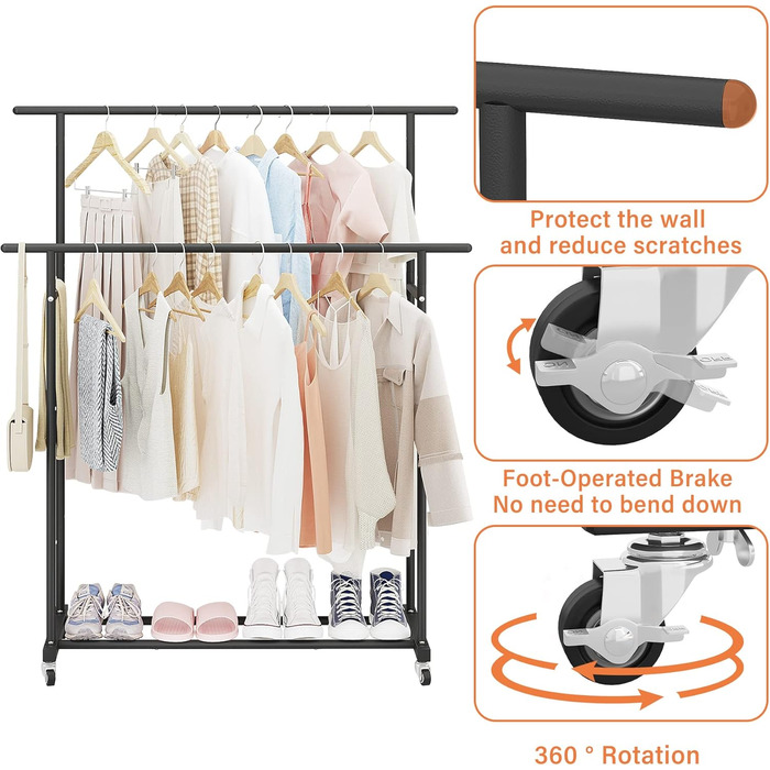 Clothes Rack with Double Rod, Rolling Clothes Rack, Portable Clothes Rack for Bedroom, Living Room, Clothing Store (Black)