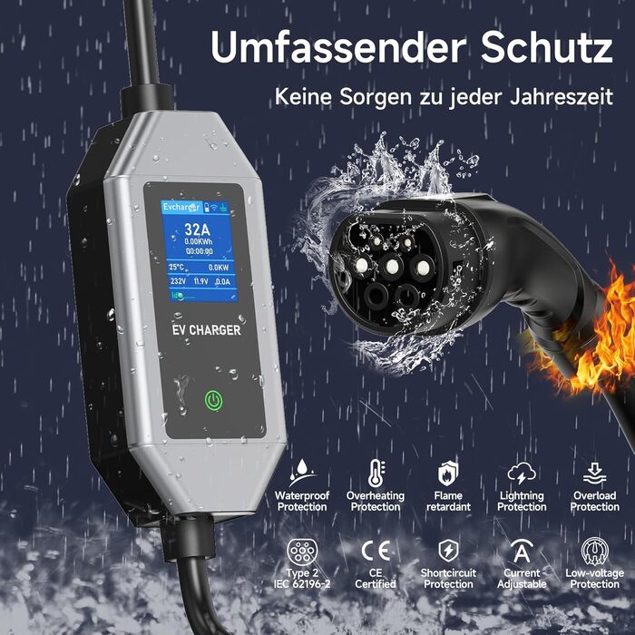 Кабель для зарядки електромобіля Type 2 Schuko 3.68kW 6м, 6-16A, з цифровим дисплеєм та таймером відкладеного старту