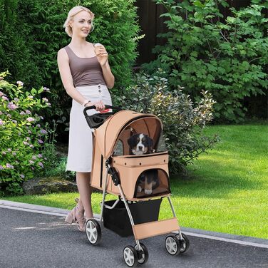 Візок для собак SOARS, до 15 кг, складаний, з сітковими віконцями, тримачем для напоїв та кошиком для зберігання, візок для домашніх тварин для маленьких тварин (Бежевий)