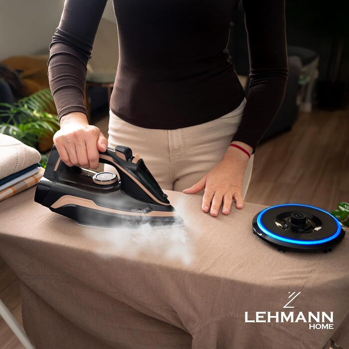Парове прасування LEHMANN бездротове з базою для зарядки, регулювання температури та 5 програм, керамічна підошва, вертикальний пар, автовимкнення, чорний/рожеве золото