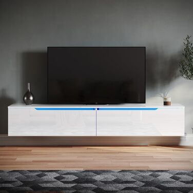 Підвісна тумба для телевізора SONNI, біла, з LED-підсвіткою, 180x35x30 см, глянцева, 12 кольорів, 2 шафки, для вітальні та спальні