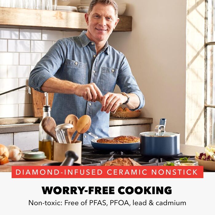 Набір кухонного посуду GreenPan x Bobby Flay 13 предметів: професійне алюмінієве покриття, антипригарне (PFAS-free), індукційні плити, силіконові ручки, безпечне для посудомийної машини та духовки, сірий (Графіт/Nature's Delight), блакитний Оксфорд