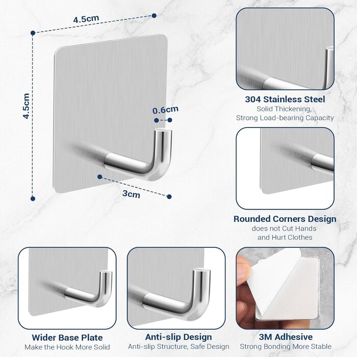 Набір гачків для рушників без свердління 6 шт. з нержавіючої сталі для ванної кімнати та кухні, самоклеючі, до 10 кг, вологостійкі, срібні