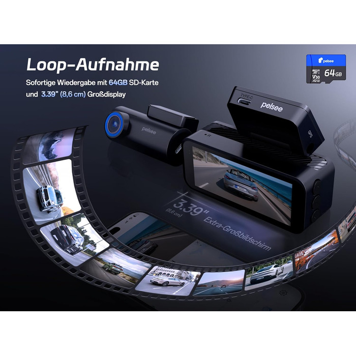 Автомобільний відеореєстратор Pelsee 4K Dashcam (передній та задній) з сенсором STARVIS 2, 3.39'' IPS дисплеєм, 24Гн паркуванням, 5.8GHz WiFi, HDR, WDR, ADAS, GPS та карткою пам'яті 64ГБ