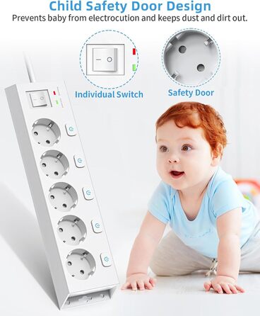Мережевий фільтр Steckdoseleiste 5-fach з вимикачами, захистом від перенапруги 1050J, для дому та офісу, білий, кабель 2м