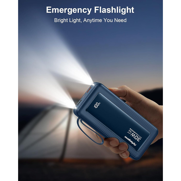 Повербанк 27000mAh з 4 вбудованими кабелями та LED-дисплеєм, швидка зарядка 30W USB-C для iPhone, Samsung, iPad та Android смартфонів (Темно-синій)