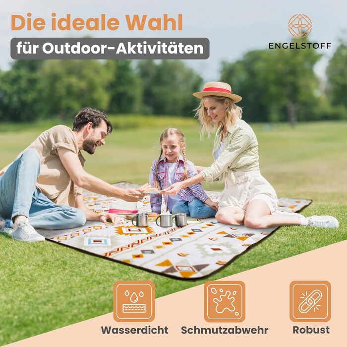 Engelstoff® Waterproof Picnic Blanket - Boho Blanket 200x200 cm - XXL Beach Blanket - Waterproof Blanket for Outdoor Use, Insulated, for Swimming Pools, Beach, Park, Travel, Hiking, Playground, Camping including e-Book
