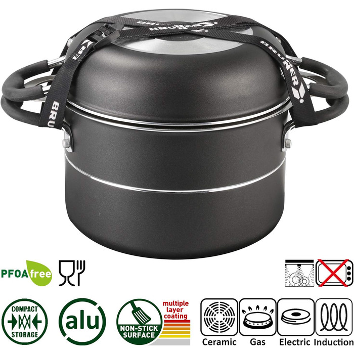 Набір посуду для кемпінгу BRUNNER Alu (каструлі та сковорідки) - 7+1, Vakublock, для 4 осіб, з антипригарним покриттям, легкий, високоякісний, складаний, діаметр 22 см