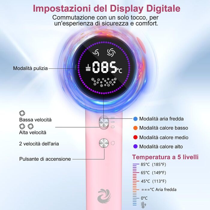 Фен для волосся з плазмою та безщітковим мотором 110 000 об/хв, швидке сушіння, тихий, з магнітною насадкою, для дому та подорожей (Темний, Рожевий)