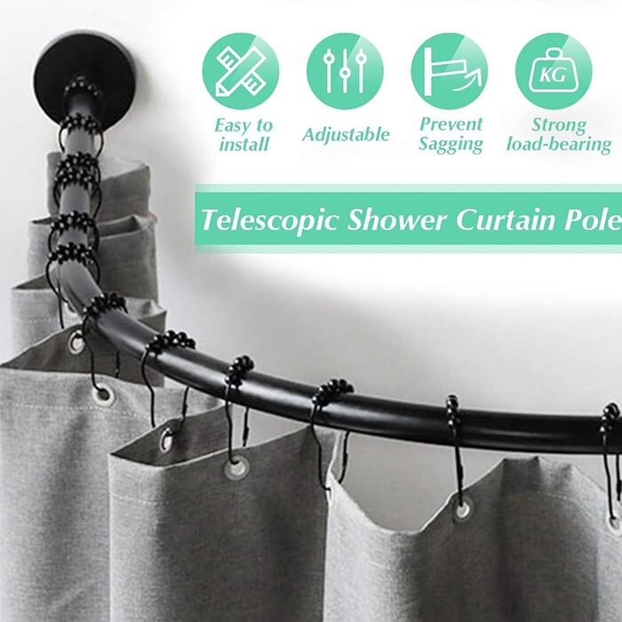 Штанга для душу без свердління, чорна, 70-95x105-165 см, з кільцями для душу (з нержавіючої сталі)