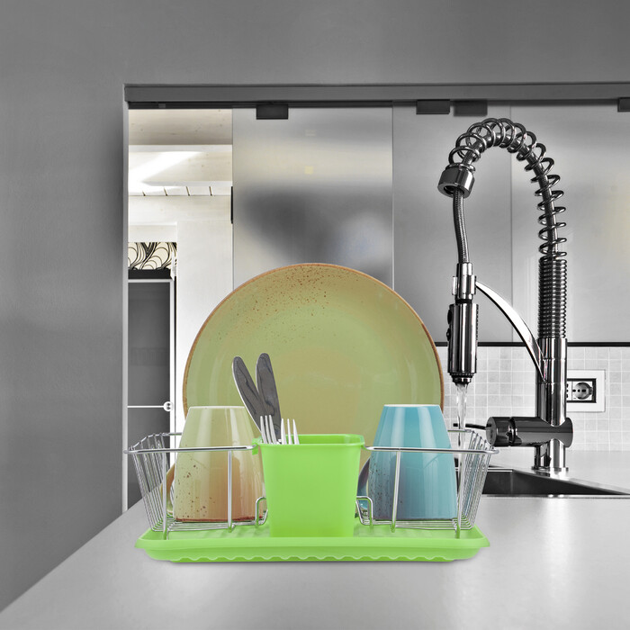 Relaxdays Dish Drainer with Cutlery Basket in Green
